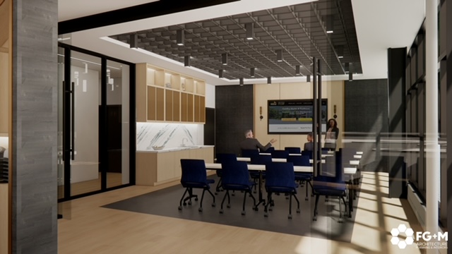 Rendering of the conference and seminar room with presentation screen
