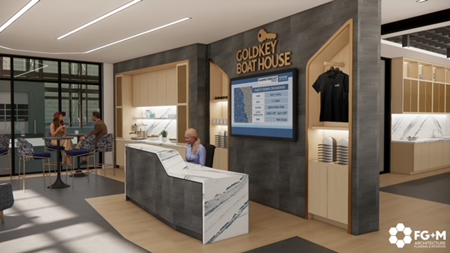Rendering of the member lobby — Gold Key Boathouse reception desk and coffee bar