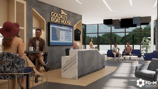 Rendering of the member lounge with club seating and floor-to-ceiling windows