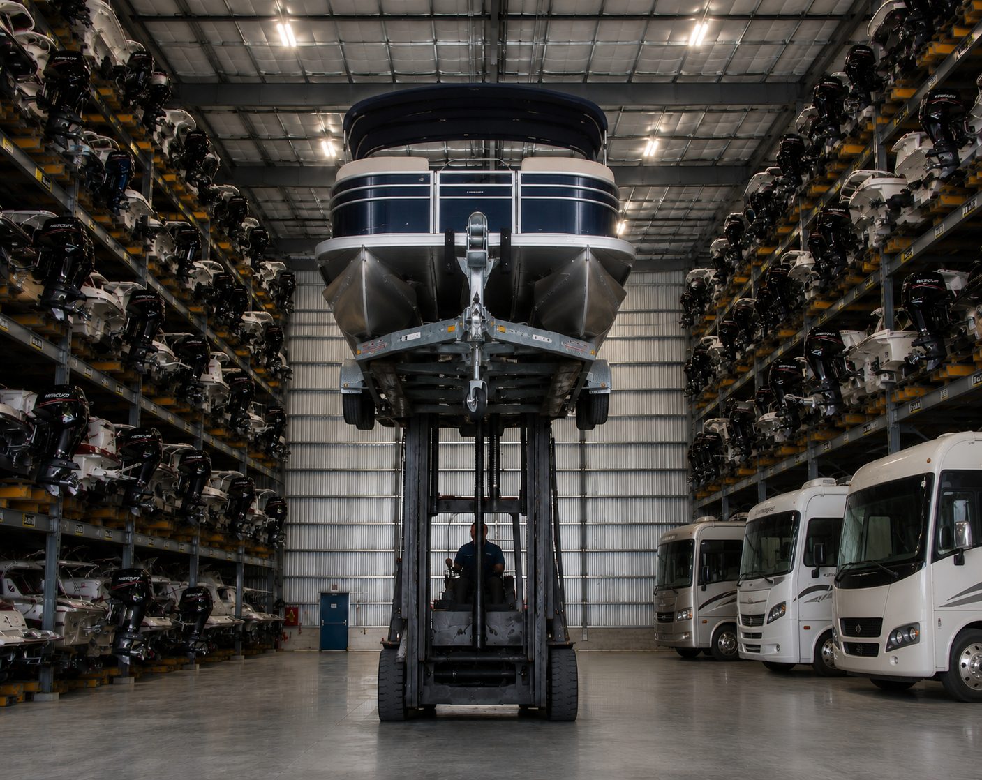 Rendering of a Gold Key Boathouse aisle: a marine forklift lifting a pontoon boat on its own trailer, boats racked four-high on both sides, RVs on the ground floor