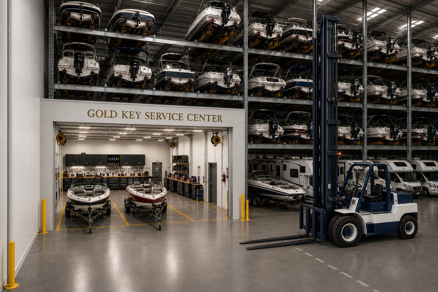 Rendering of the Gold Key Service Center — boats on trailers in the maintenance bay, with racked boats and ground-floor RVs beyond