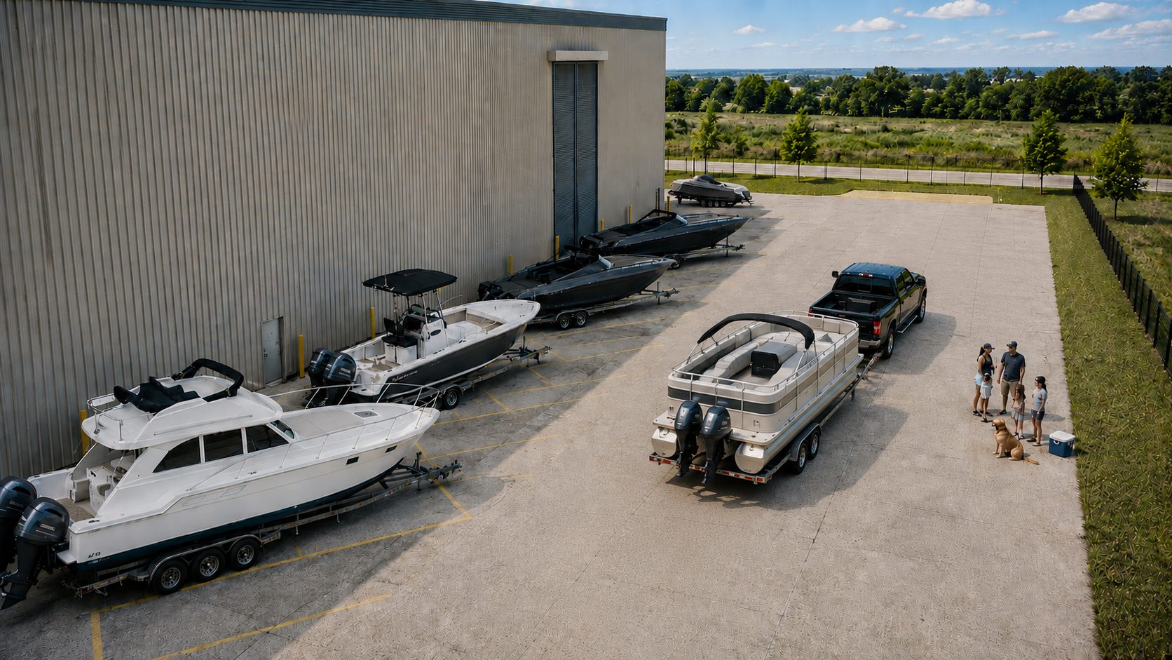 Rendering of the Gold Key staging area — a boat on its own trailer, washed and hitched, ready to tow off the ready line
