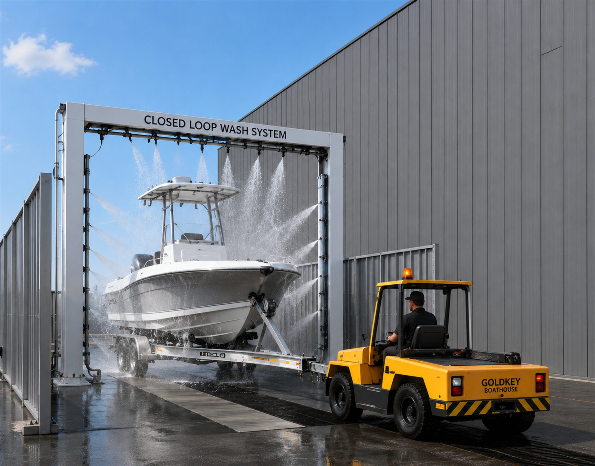 Rendering of the Gold Key Boathouse closed-loop wash system: a center console on its trailer being rinsed as a Gold Key forklift tug backs it through the wash gantry
